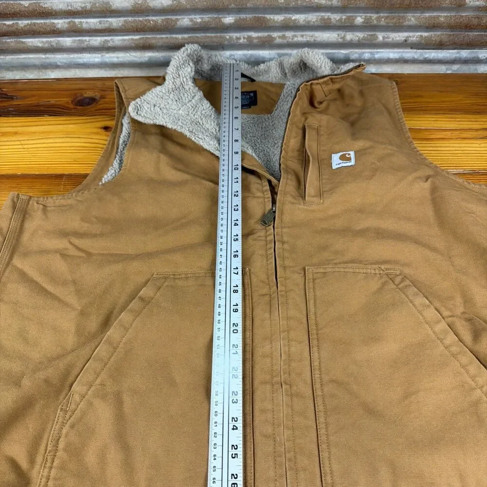 Carhartt Washed Duck Sherpa Lined Vest Mens XLT Brown Canvas Zip Loose Fit NICE!
